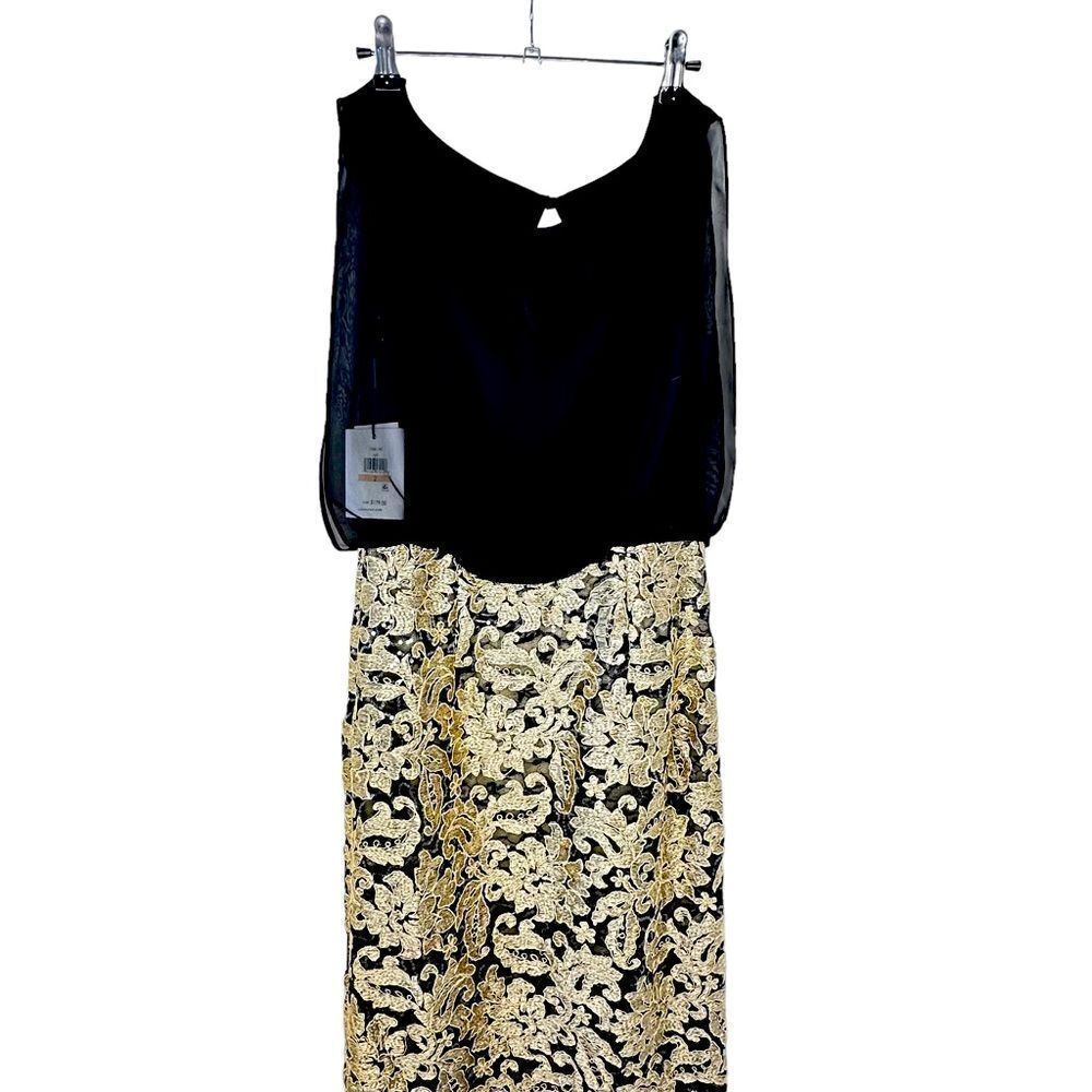 NWT Calvin Klein Gold Lace/Black Sheer Top Party Dress. Size 2